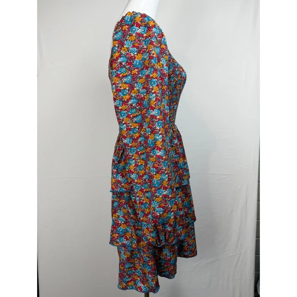 BTFBM Women's Mini Dress Floral Smocked Tiered Cottagecore Square Neck Small NWT
